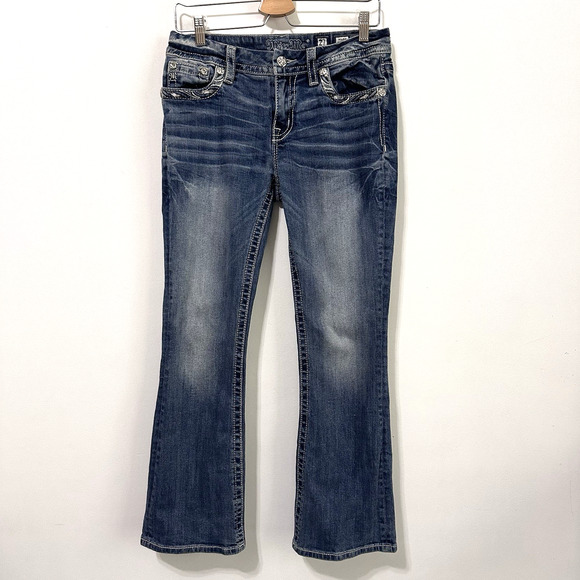 Miss Me Womens Jeans 27 Mid Rise Easy Boot E3304EBS Bling Pockets 30x28 Blue - Picture 1 of 9